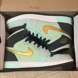 Nike Air Jordan 1 Retro Mint and Grey High-Tops with Gold Accents